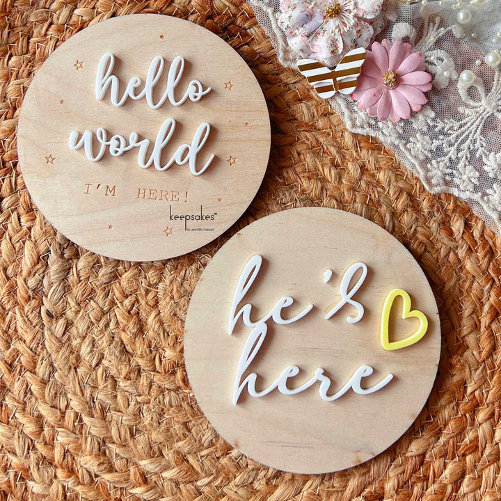 He's Here & Hello World Birch Wood Photo Prop For Newborn Photoshoot