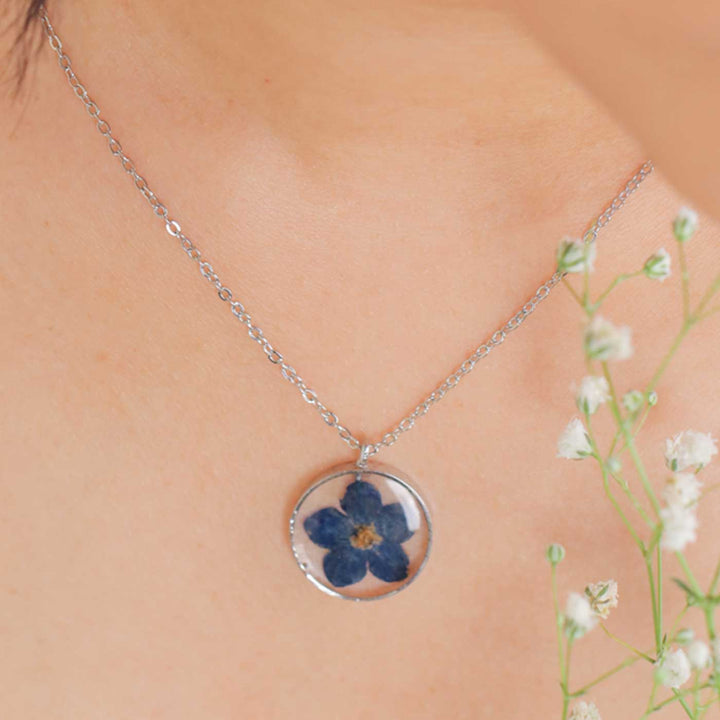 Handmade Preserved Flower Forget Me Not Dainty Brass Necklace