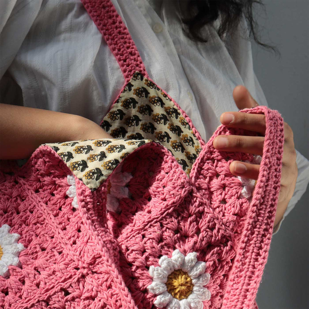 Handmade Crochet Pink Daisy Hobo Shoulder Bag