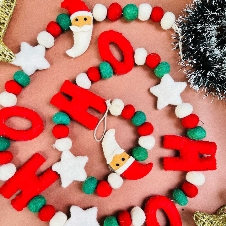 Handmade 3D Upcycled Ho - Ho Santa Felt Garland/ Bunting For Christmas Decoration