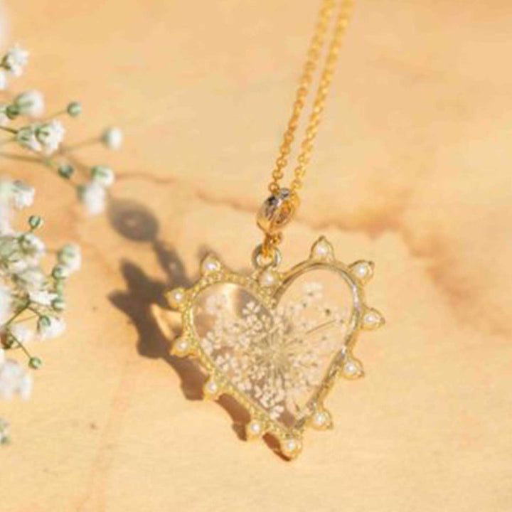 Handmade Preserved Flower Heart Shaped Frilly And Flirty Love Brass Necklace