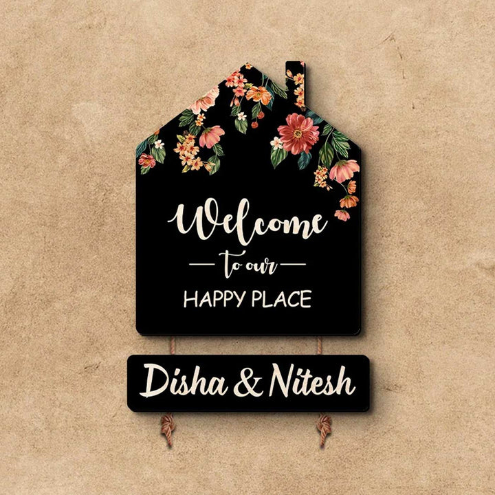 Personalized Black Floral Theme Mdf Wood Name Plate