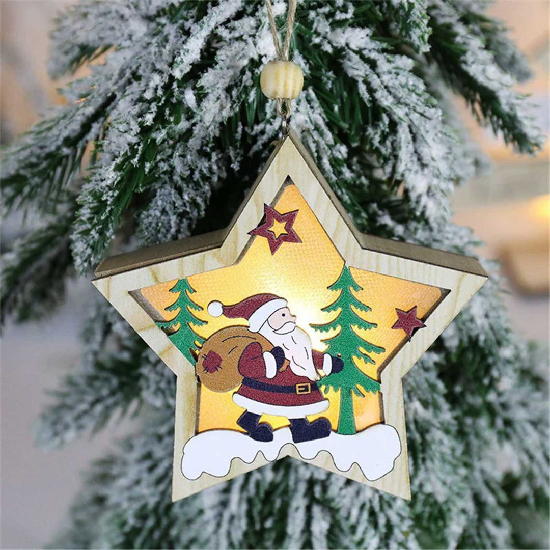 Handmade Shimmer Star Wooden Ornaments With Lights For Christmas Tree Decoration