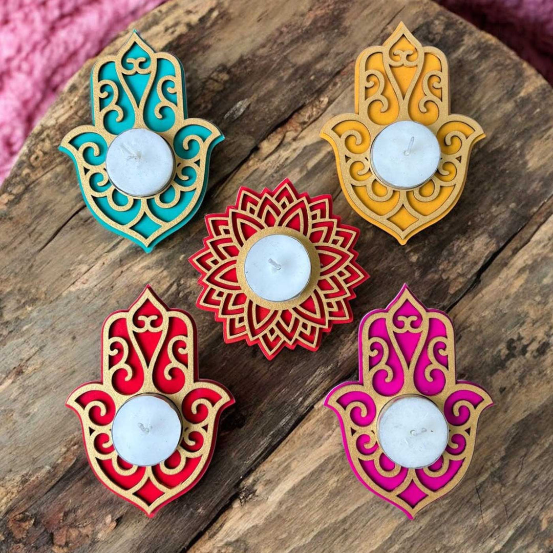 Handmade The Hamsa Flower Mdf Wood Tealight Holder | Set Of 5