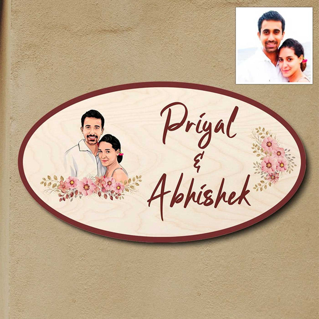 Photo Personalized Printed Wooden Oval Character Nameplate For Couples