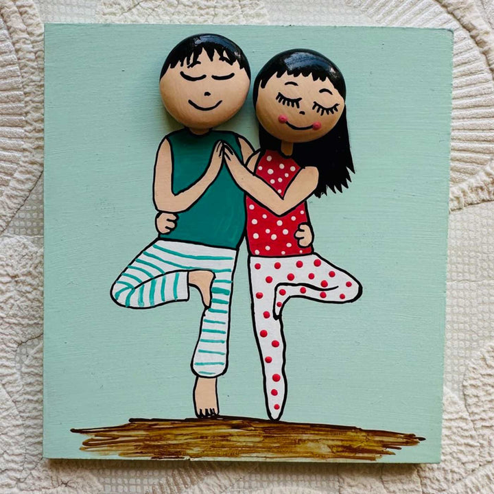 Hand-Painted Pebble Art Cute Yoga Couple Wooden Fridge Magnet