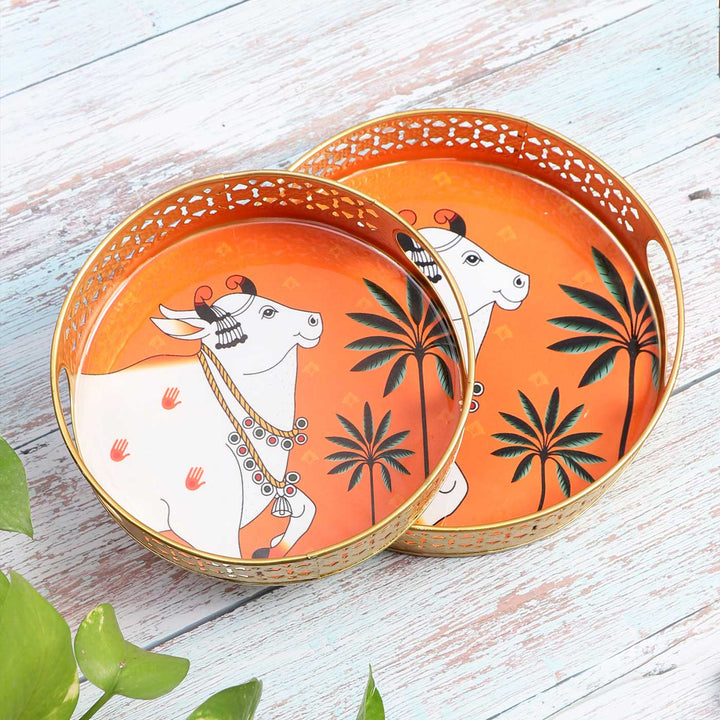 Handmade Round Orange Pichwai Tray | Set Of 2