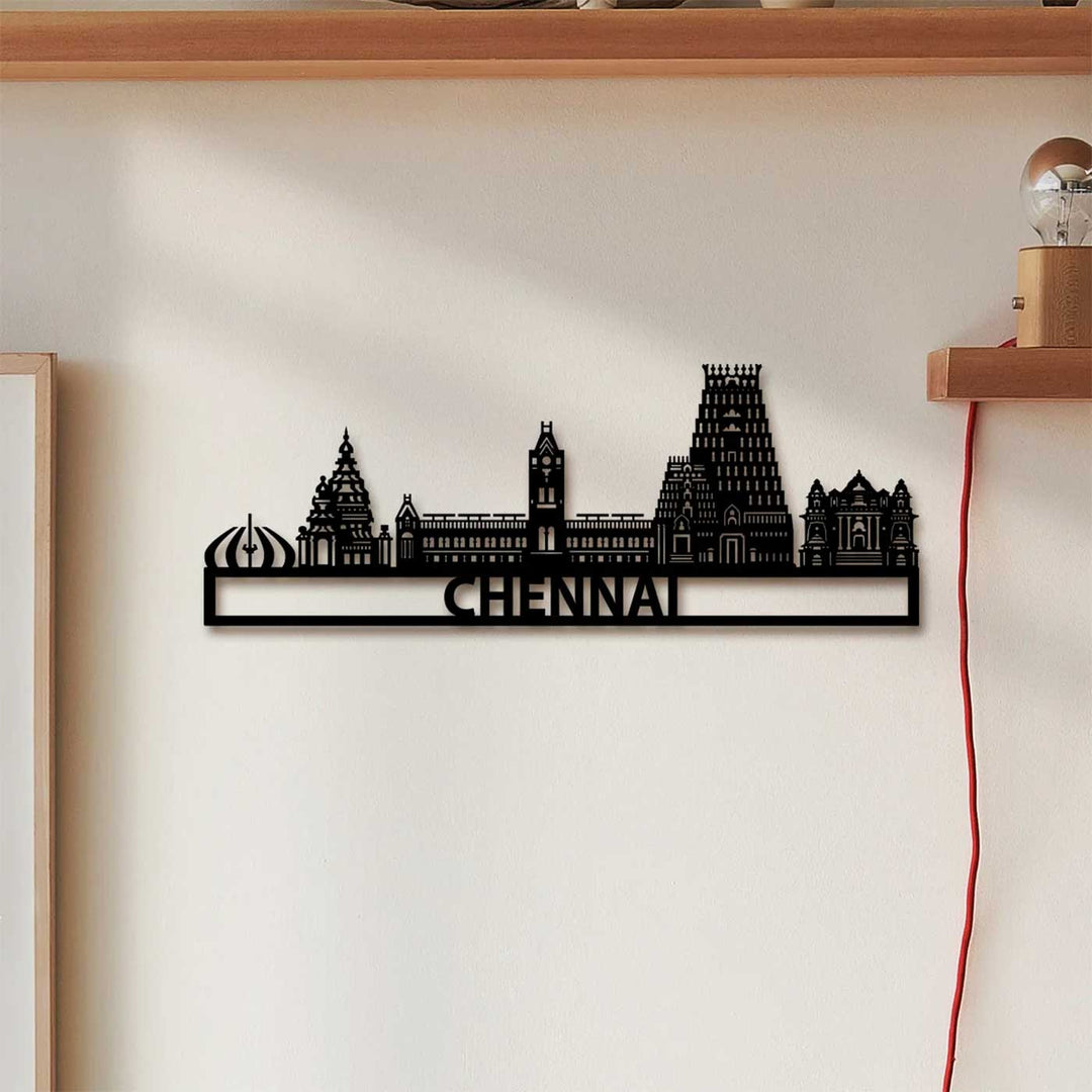 Printed Black Wooden Chennai City Skyline Wall Decor