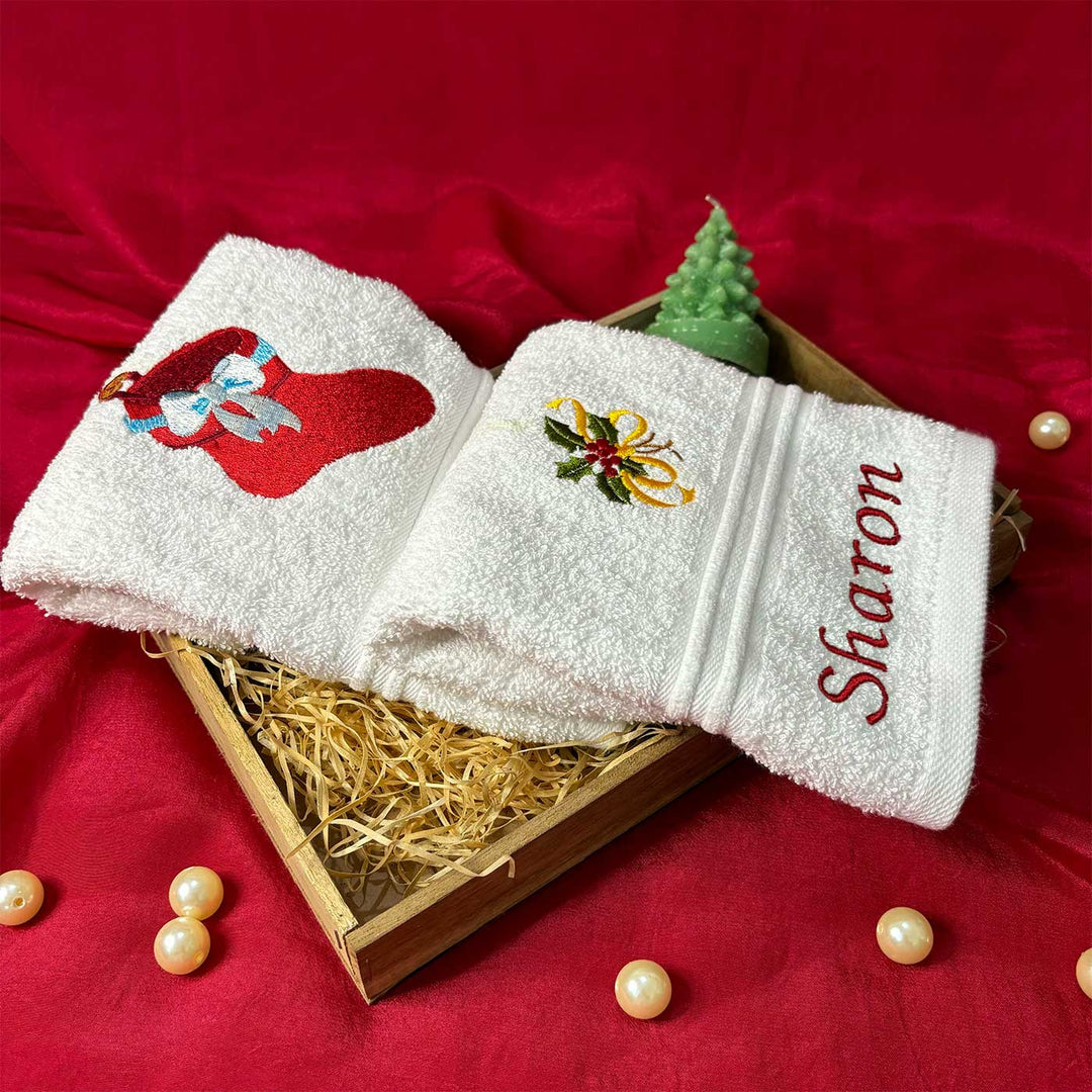 Personalized Stocking & Holly Leaves Embroidered Towel & Candle Hamper | Secret Santa Gift Ideas | Set Of 4