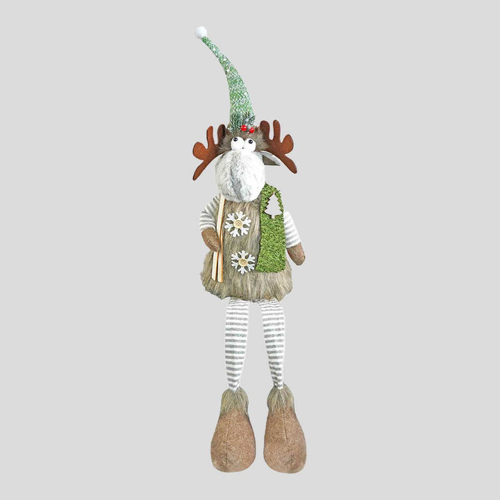 Grey Sitting Long Legs Reindeer With Ski Boards Wooden Decor For Christmas Table Decoration