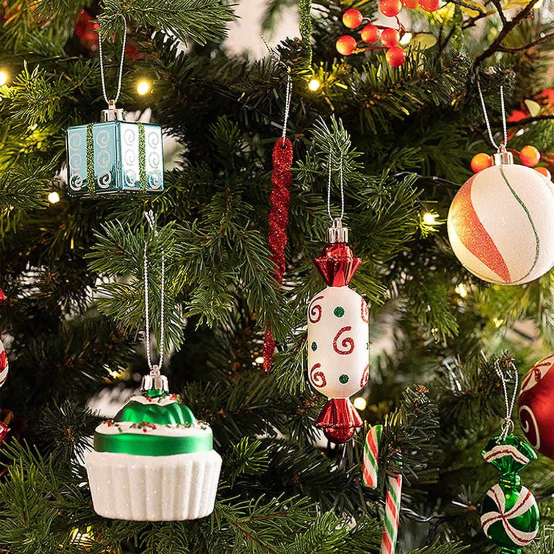 Red, Green & White Chocolate Cupcakes themed Christmas Ball Ornaments For Decoration | Set of 70