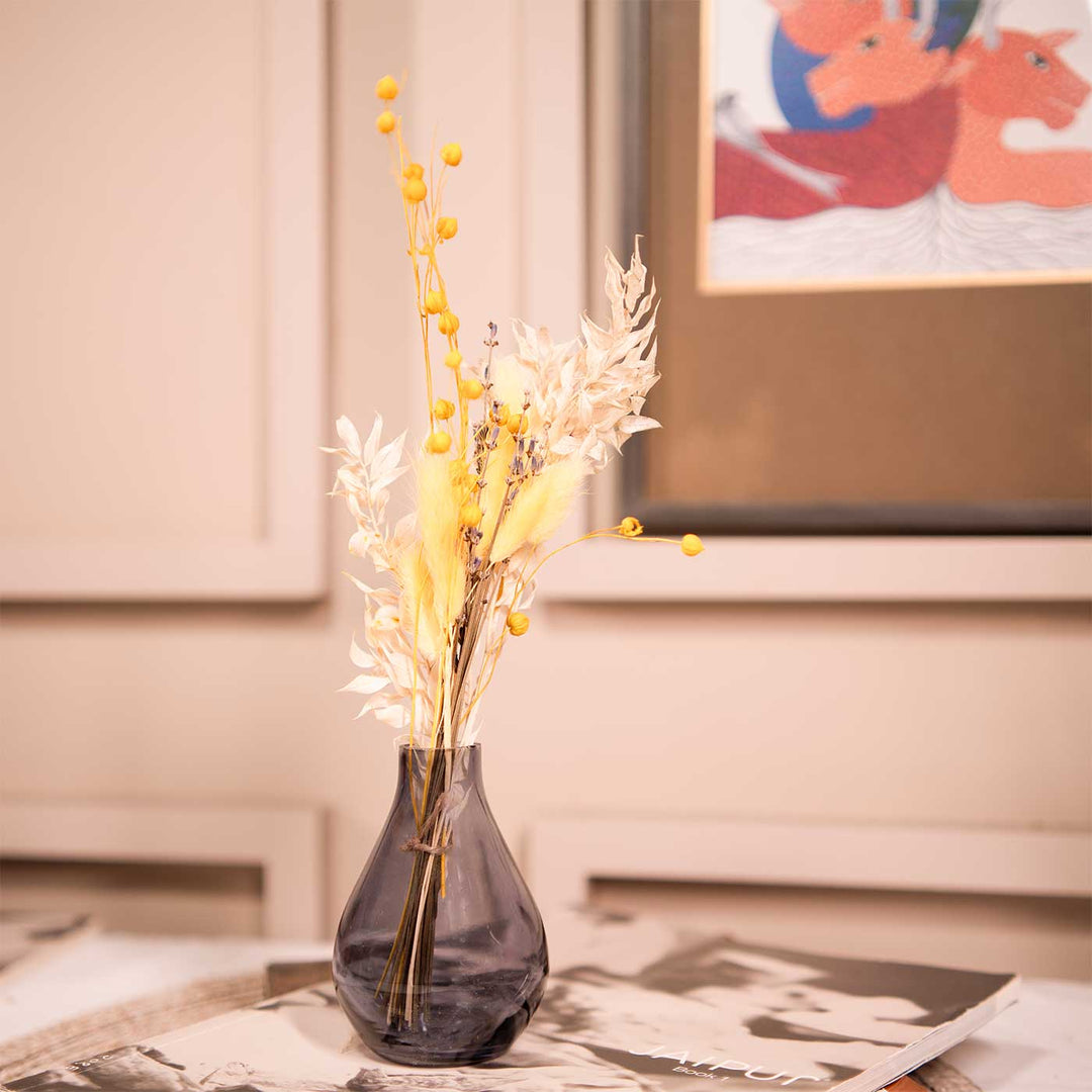 Indigo Elegance Glass Vase With Dried Flower Bunch