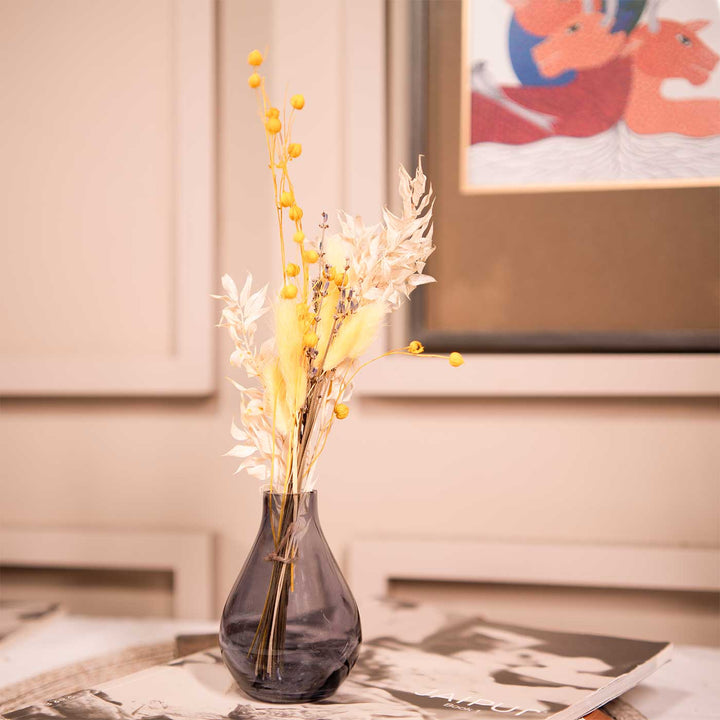 Indigo Elegance Glass Vase With Dried Flower Bunch