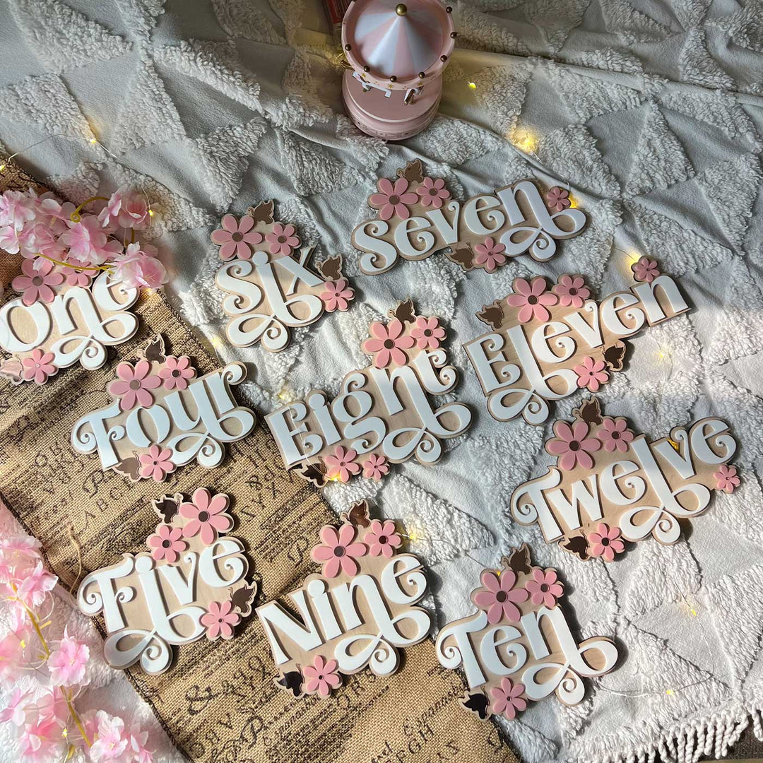 Handmade Floral Theme Birch Wood Baby Milestone Markers For Newborn Photoshoot | Set Of 12