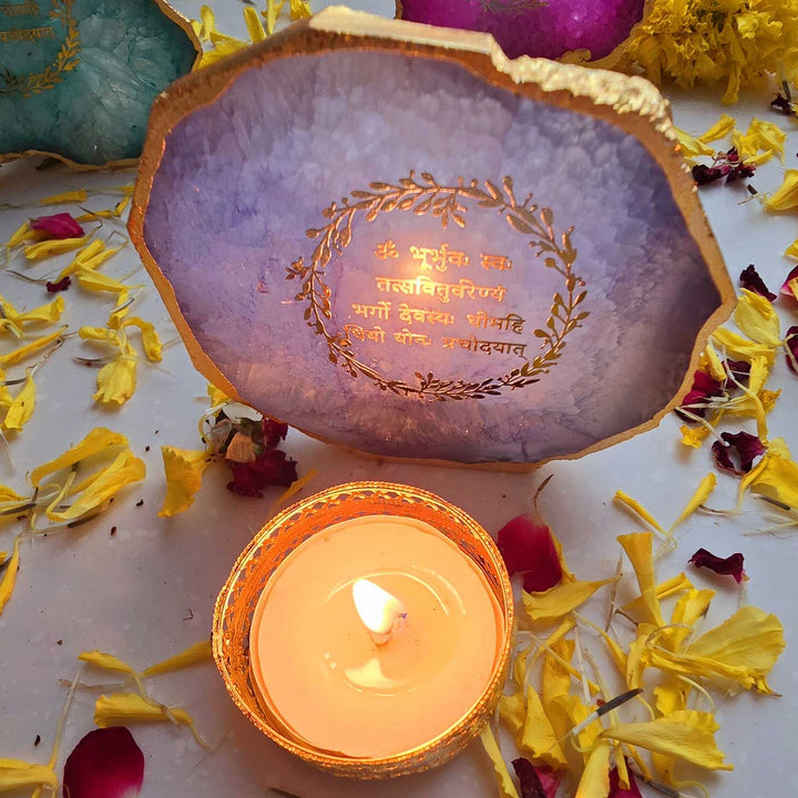 Handmade Blue Gayatri Mantra Agate Stone Tea Light Holder