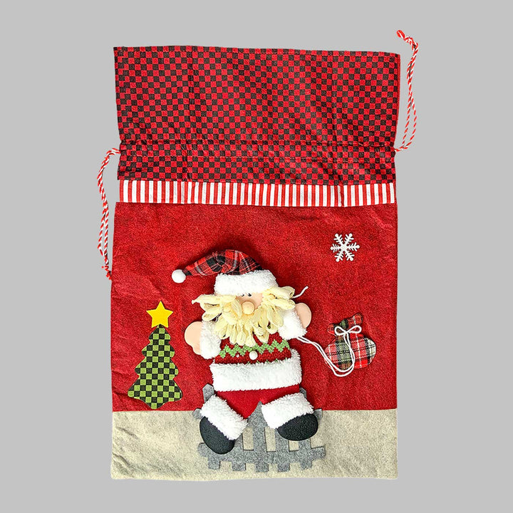 Handmade Santa Red & Grey Checks Plush Fabric Gift Sacks For Christmas Decoration