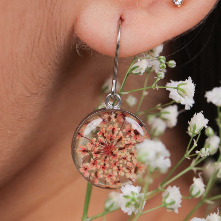 Handmade Preserved Flower Dainty Coral Brass Earrings