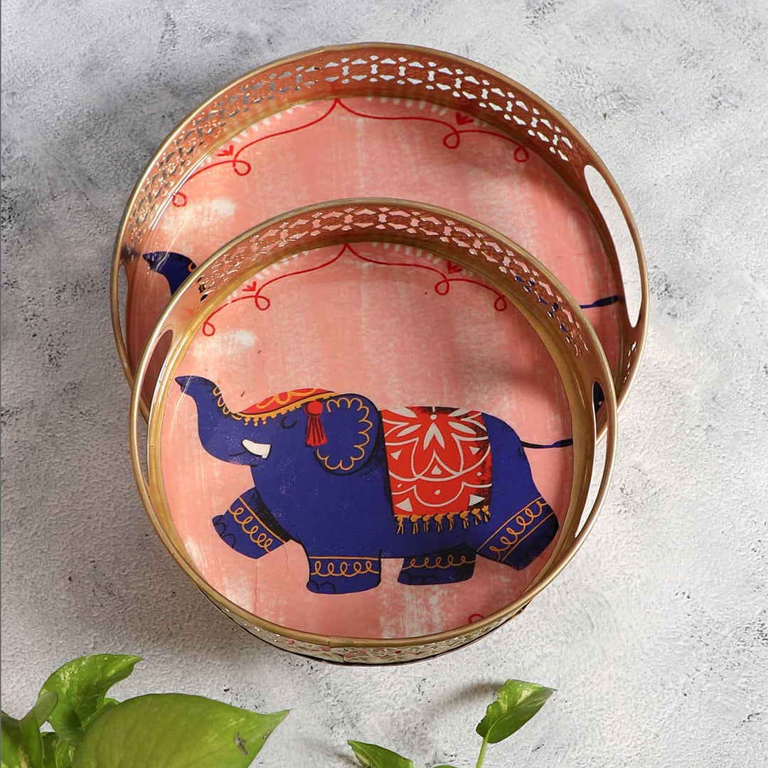 Handmade Pink Elephant Pichwai Tray | Set Of 2