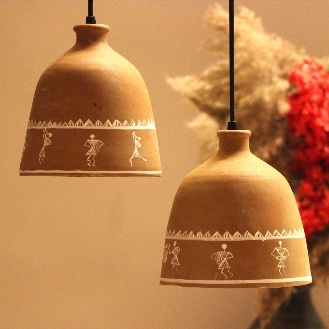 Handmade Tribal Art Painting Natural Terracotta Hanging Lamp | Set Of 2