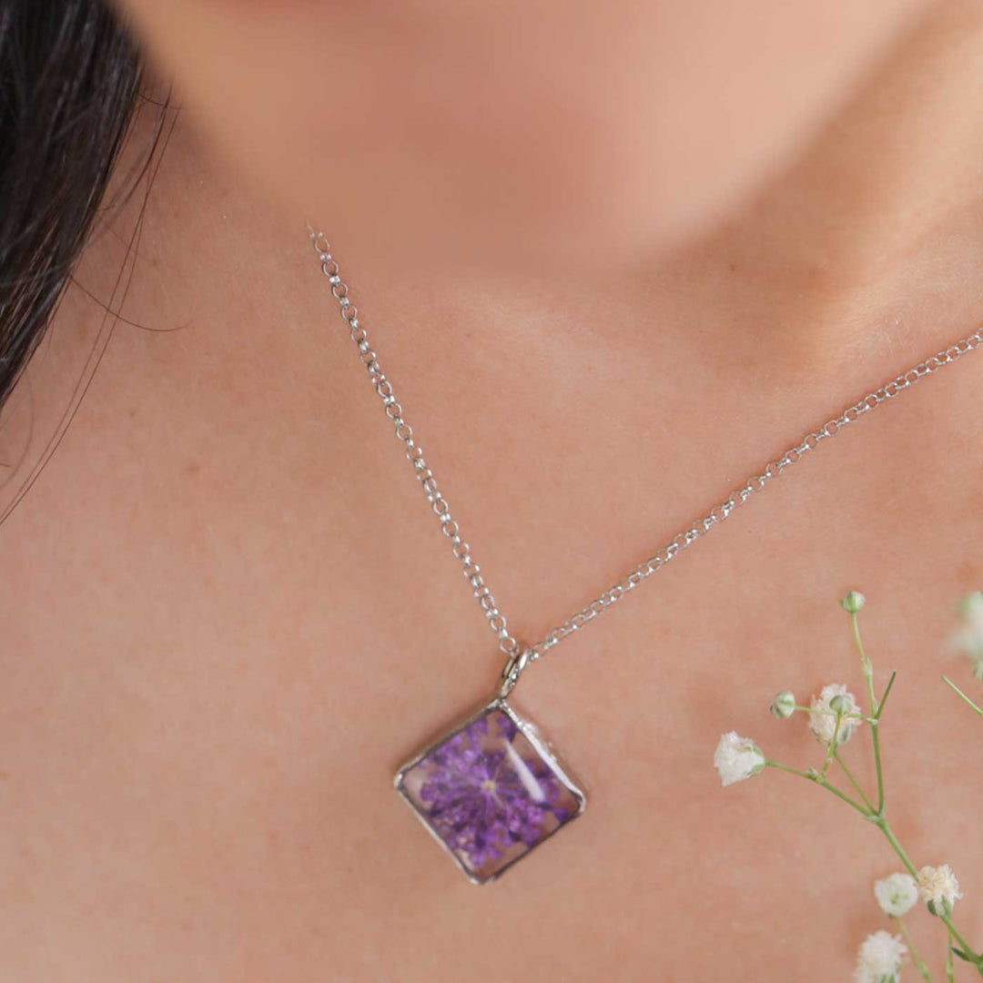 Handmade Preserved Flower Royal Amethyst Brass Necklace