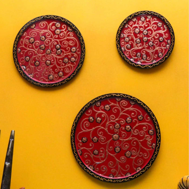 Hand-Painted Red Ornate Wooden Wall Plate | Set Of 3