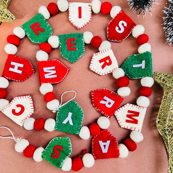 Handmade 3D Upcycled Merry Christmas Felt Garland/ Bunting For Christmas Decoration