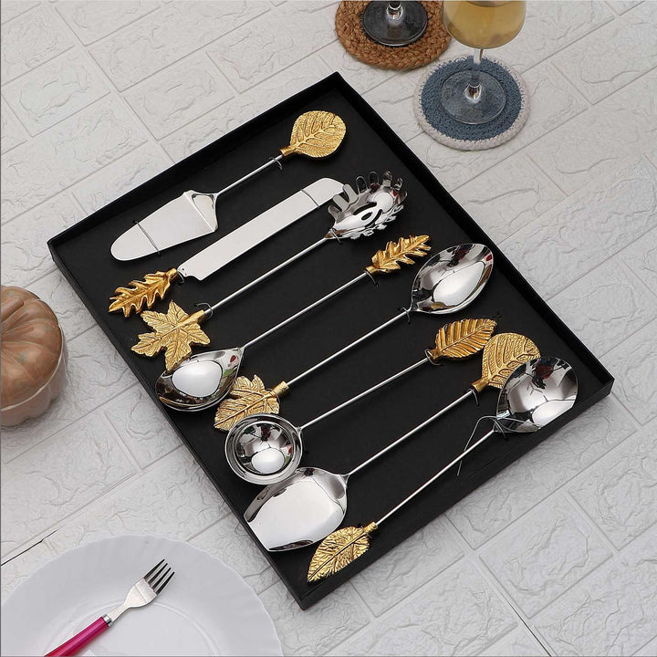 Handmade Gold Leaf Design Steel Serving Set | Set Of 8