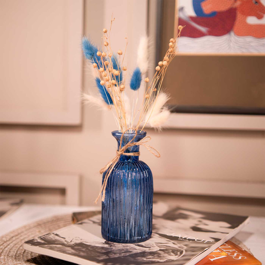 Ocean Blue Glass Vase With Dried Flower Bunch