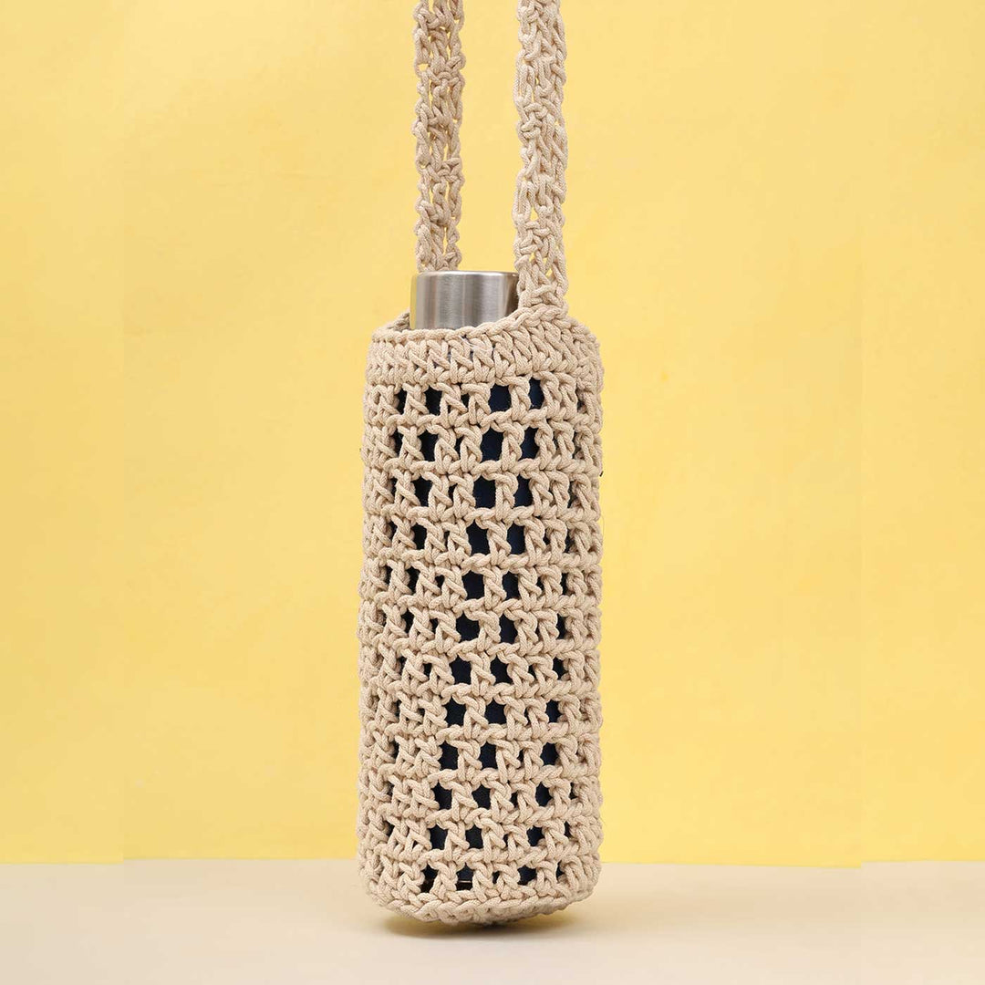 Handmade Crochet White Water Bottle Tote Bag