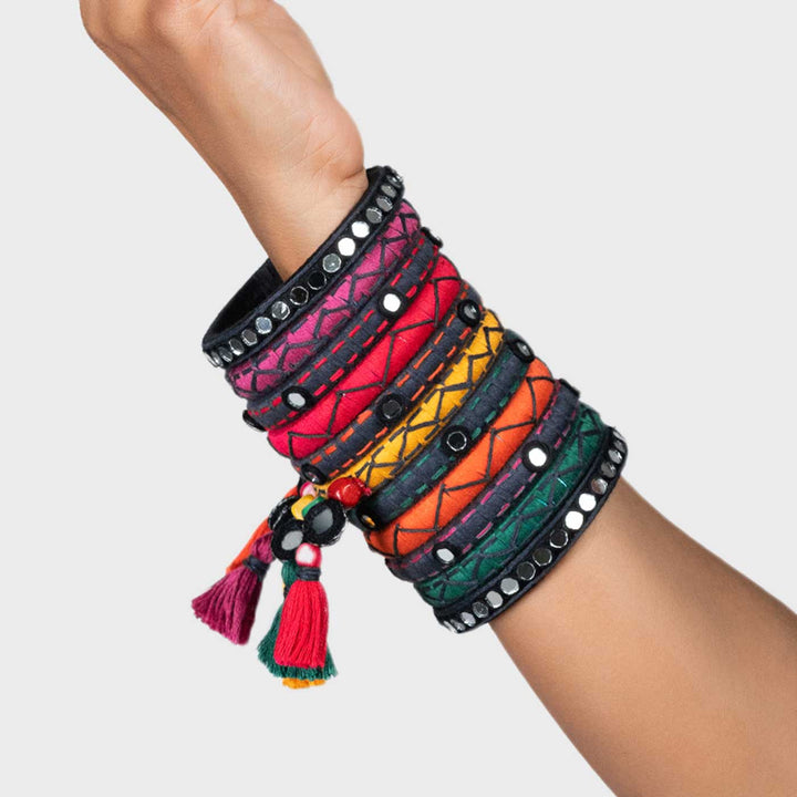 Multicolour Handcrafted Garima Mirror Kanthawork Tassle Bangles | Set of 11