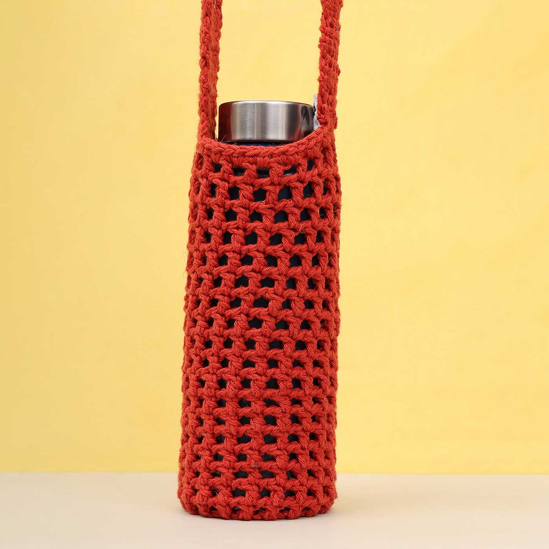 Handmade Crochet Red Water Bottle Tote Bag