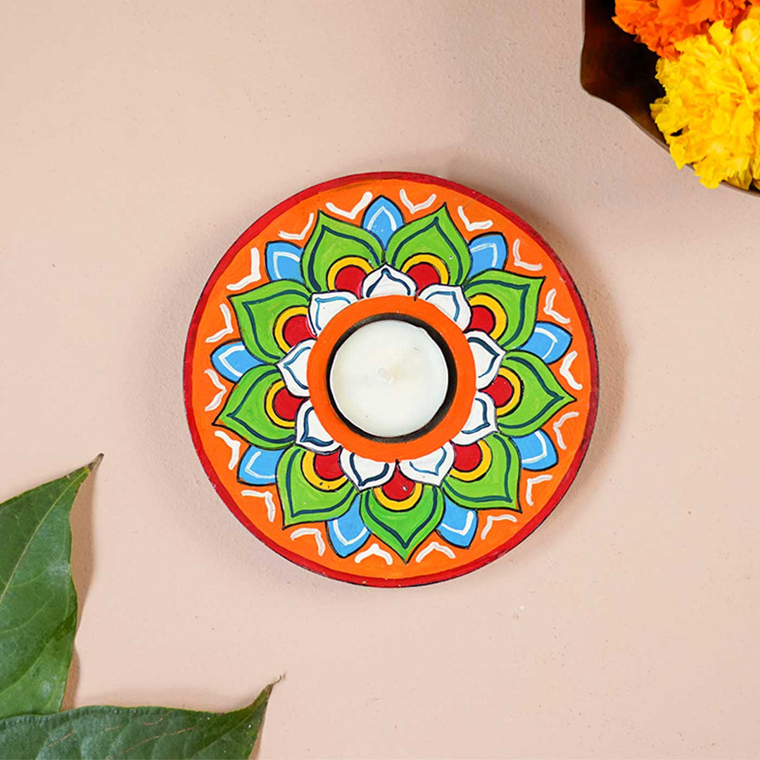 Handmade Multicolour Lotus Wooden Tealight Holder