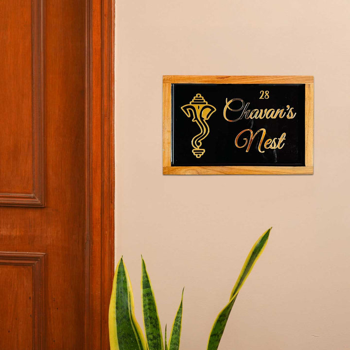 Personalized Ganesha Face Theme Resin Name Plate With Teak Wood Border For Couples