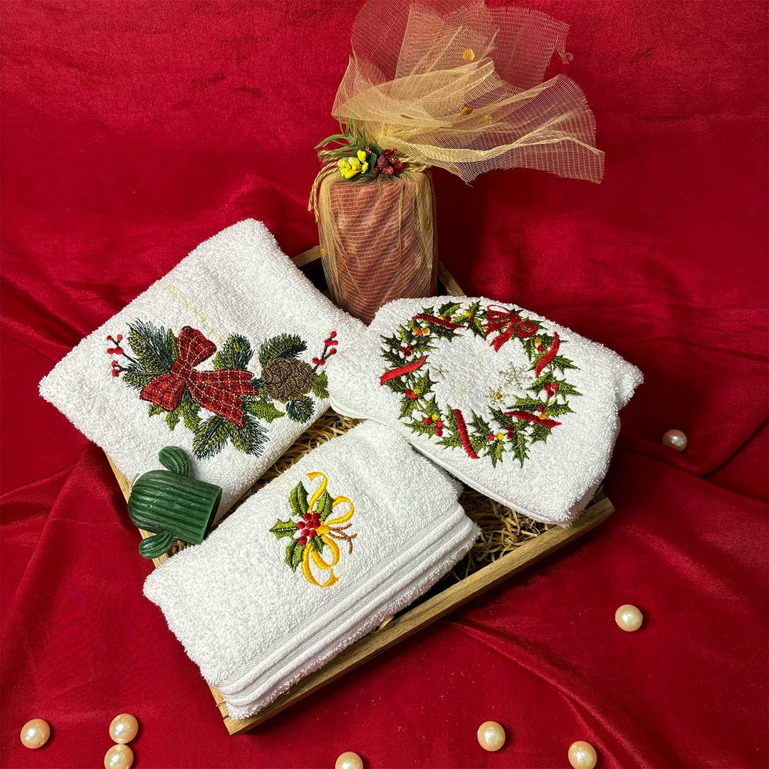 Personalized Pine Bow, Christmas Wreath & Holly Leaves Embroidered Towel & Candle Hamper | Xmas Gifting Ideas | Set Of 6