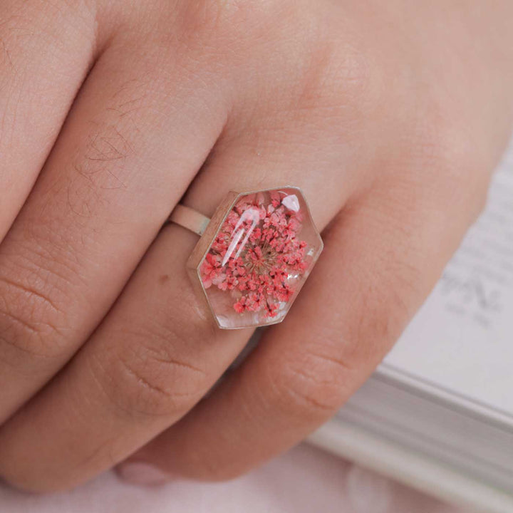 Handmade Preserved Flower Coral Queen Brass Ring