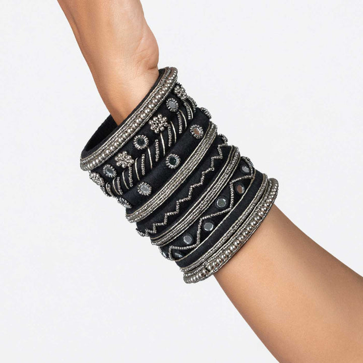 Black & Silver Handcrafted Kalki Black and Silver Beads Work Bangles | Set of 10