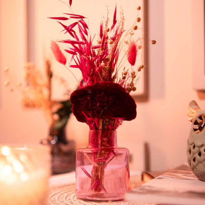 Pink Petal Charm Glass Vase With Dried Flower Bunch