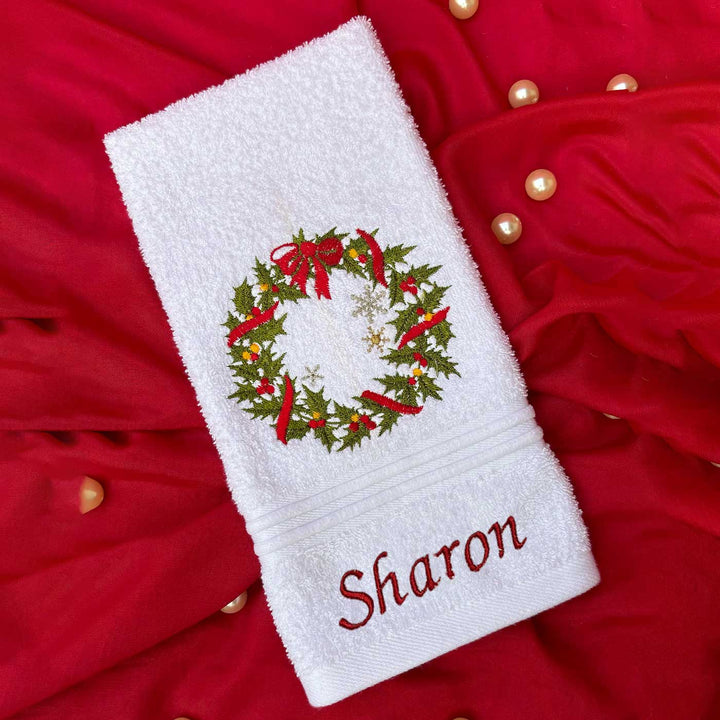 Personalized Decorative Wreath Embroidered Cotton Hand Towel | Xmas Gifting Ideas