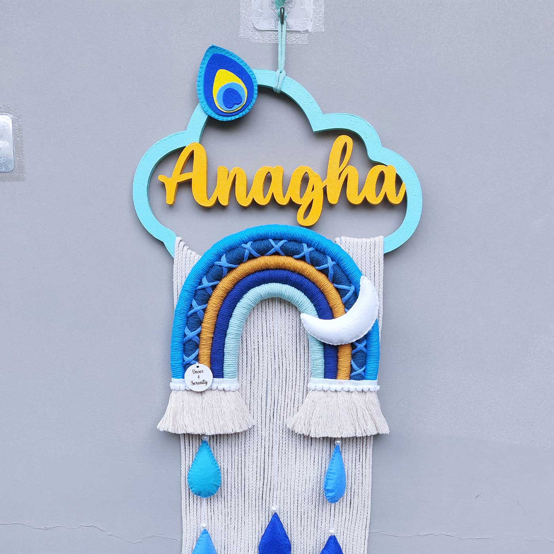 Personalized Handmade Macrame Krishna Morpankh Kids Name Plate With 3D Letters