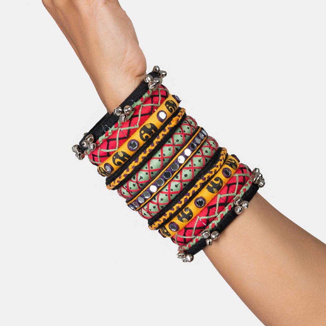 Multicolour Handcrafted Vedanshi Elephant Print Ghugharu Bangles | Set of 11