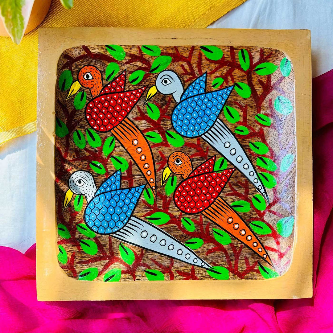 Hand-Painted Pattachitra Chehak Square Wooden Platter