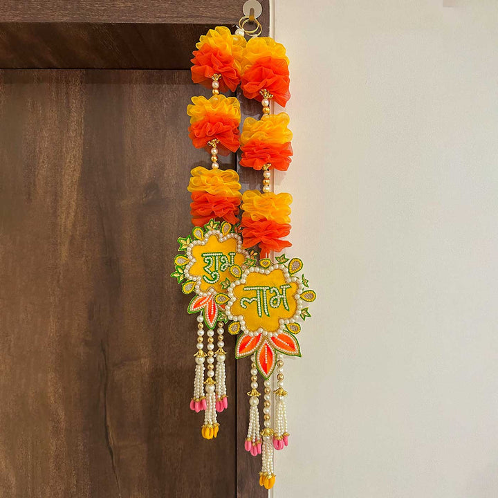 Handmade Yellow And Orange Tissue Flower Shubh Labh Hanging