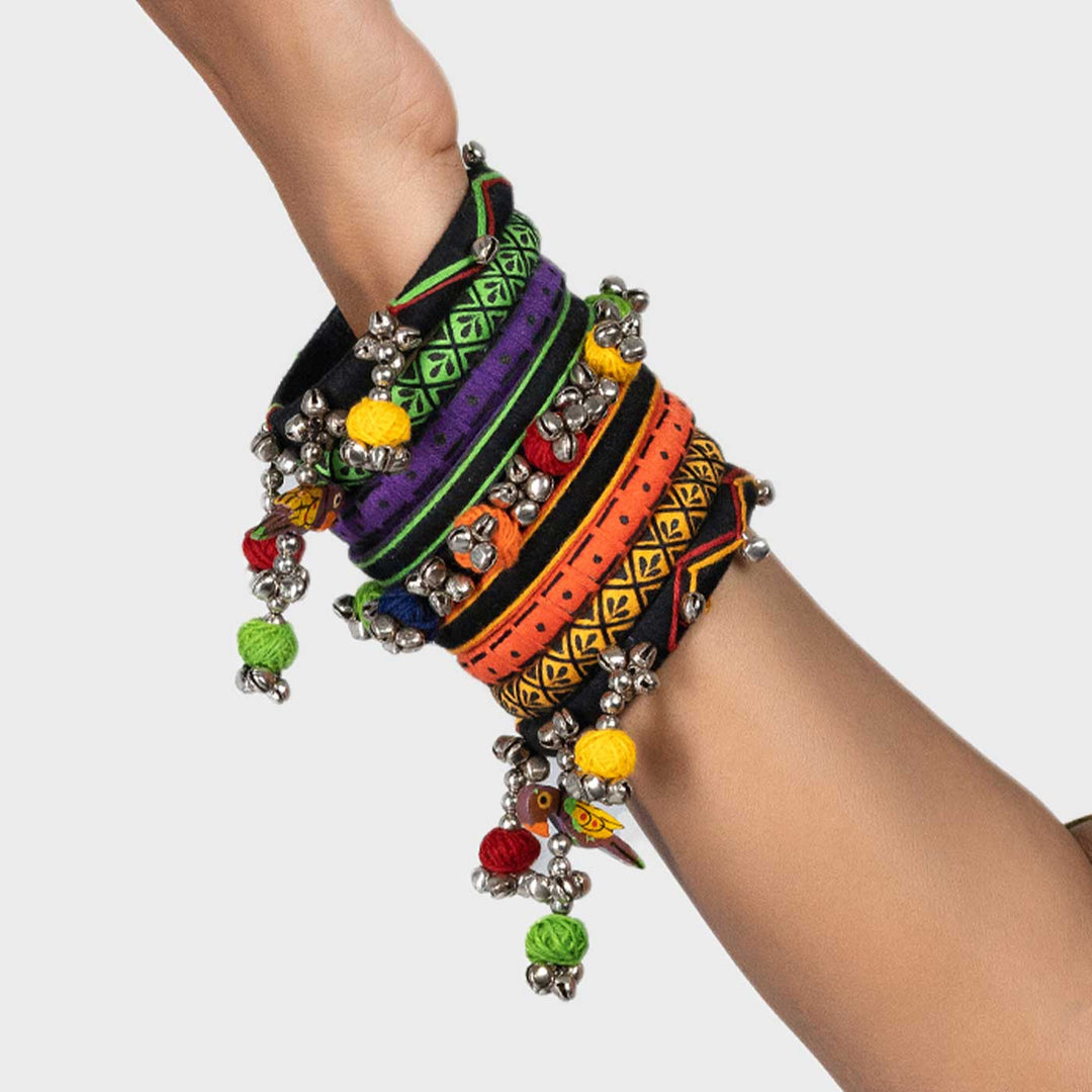 Multicolour Handcrafted Siddhi Silver Ghugharu Pompom Bangles | Set of 9