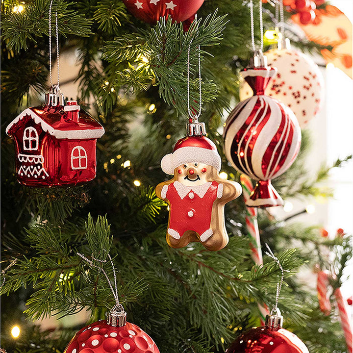 Red & White Gingerbread themed Christmas Ball Ornaments For Decoration | Set of 70