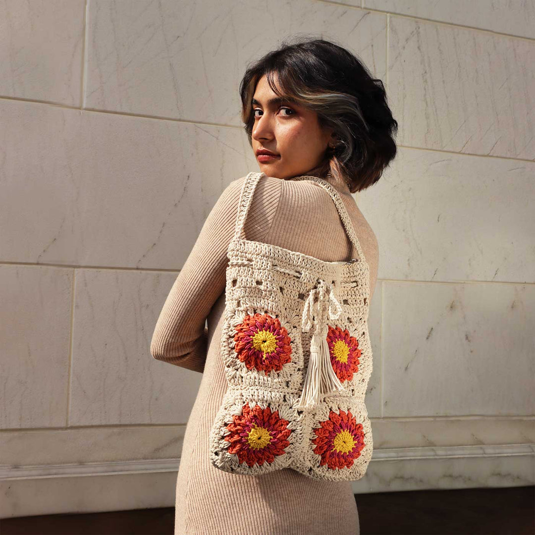 Handmade Crochet Floral Patch Shoulder Bag