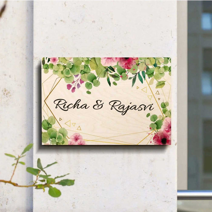 Printed Green & Pink Spring Floral Wooden Rectangle Nameplate