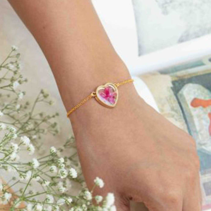 Handmade Heart Shaped Pink Crimson Love Preserved Flower Brass Bracelet