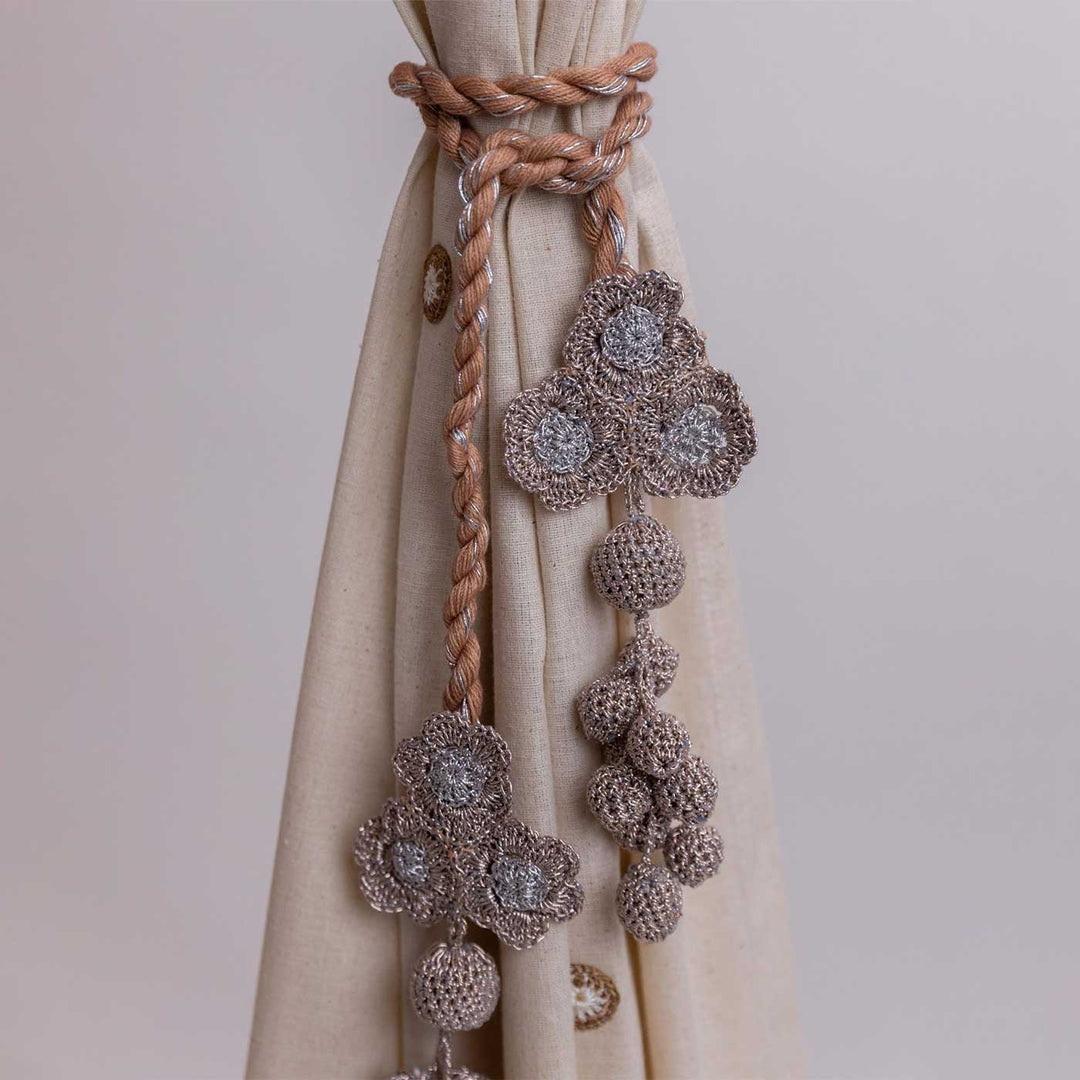 Handmade Kono Metallic Flower & Beads Curtain Tie Backs | Set of 2