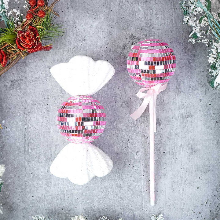 Handmade Pink Shiny Disco Themed Candy Shaped Ornaments For Christmas Tree Decoration | Set Of 2