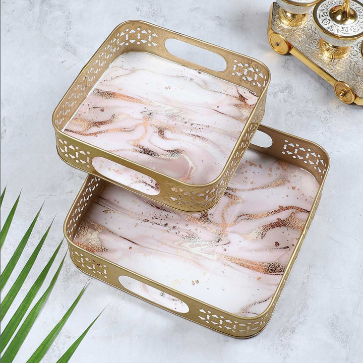 Handmade Pink & Gold Wavy Design Tray | Set Of 2